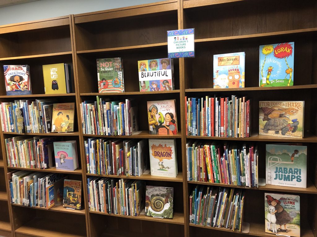 Books shelves with really cute picture books.