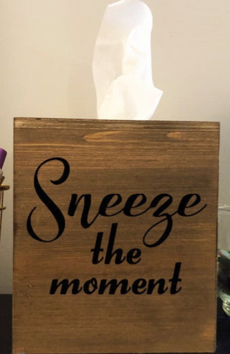 tissue box that says sneeze the moment.