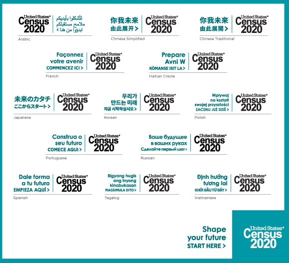 United States Census 2020, Shape your future logo in various language: Arabic, Chinese Simplified, Chinese Traditional, French, Haitian Creole, Japanese, Korean, Polish, Portuguese, Russian, Spanish, Tagalog, Vietnamese
