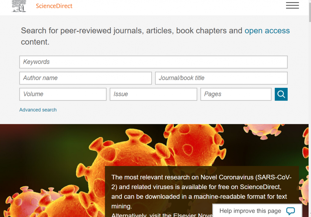 Screenshot of ScienceDirect landing page, including default search boxes: keywords, author name, journal/book title, volume, issue, pages, and Advanced Search