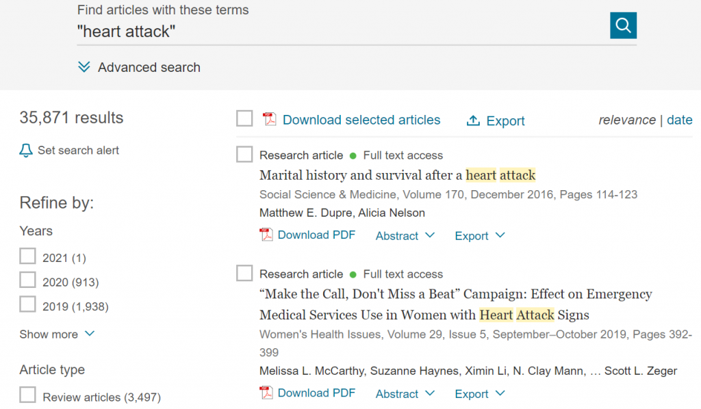 Example search results for "heart attack" (two words using quotation marks to fix the words together as one phrase)