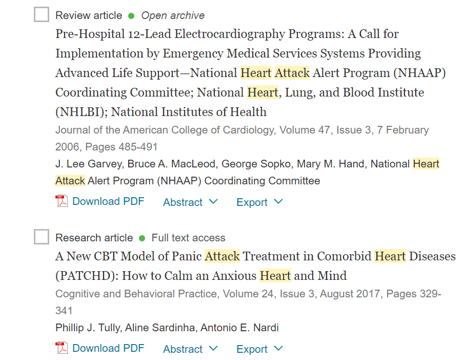 Example of search using heart attack (two words without quotation marks containing them)
