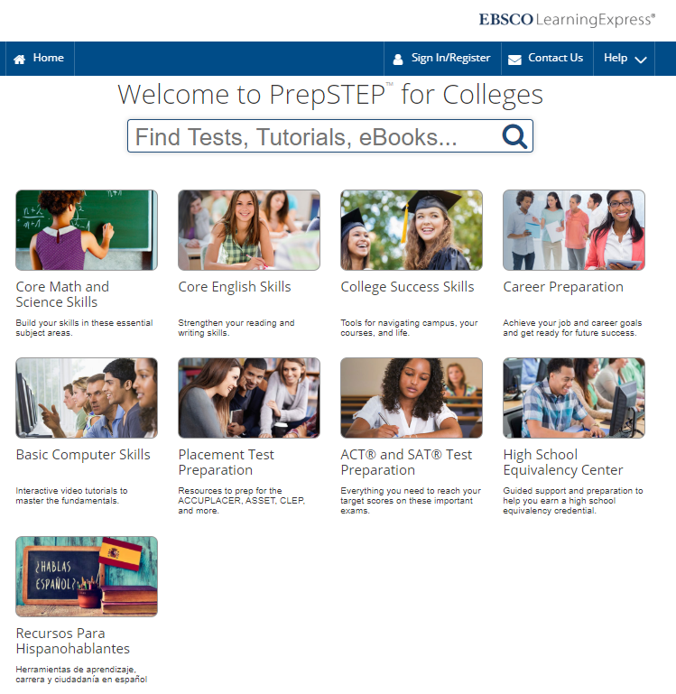 Centers available in PrepSTEP: Core Math and Science Skills, Core English Skills, College Success Skills, Career Preparation, Basic Computer Skills, Placement Test Preparation, ACT & ACT Test Preparation, High School Equivalency Center, and Recursos Para Hispanohablantes