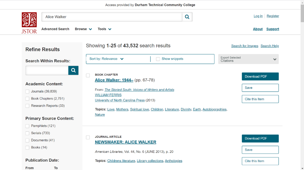 JSTOR search screen with Alice Walker results: Includes book chapter and journal article