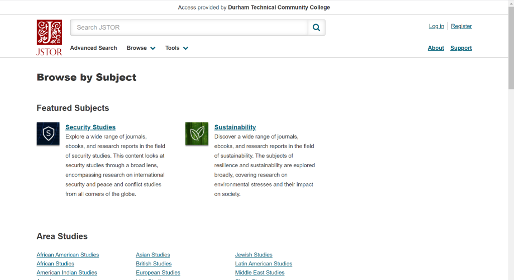 JSTOR Browse by Subject screen-- shows Feature Subjects-- Security Studies and Sustainability