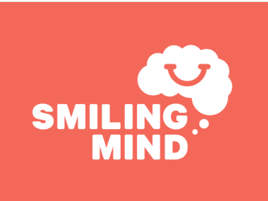 Smiling Mind app logo: a brain-shaped thought bubble with a smile, linked to the words Smiling Mind