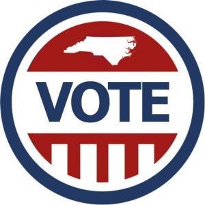 North Carolina state image above VOTE in a red and blue button image