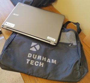 Acer Chromebook available for checkout with Durham Tech bag