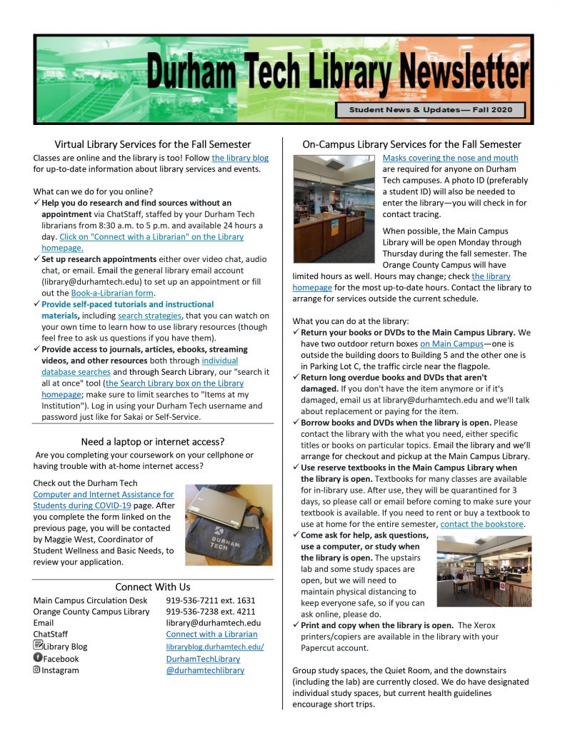 Click on the image for a pdf version of the Durham Tech Library Student Newsletter.