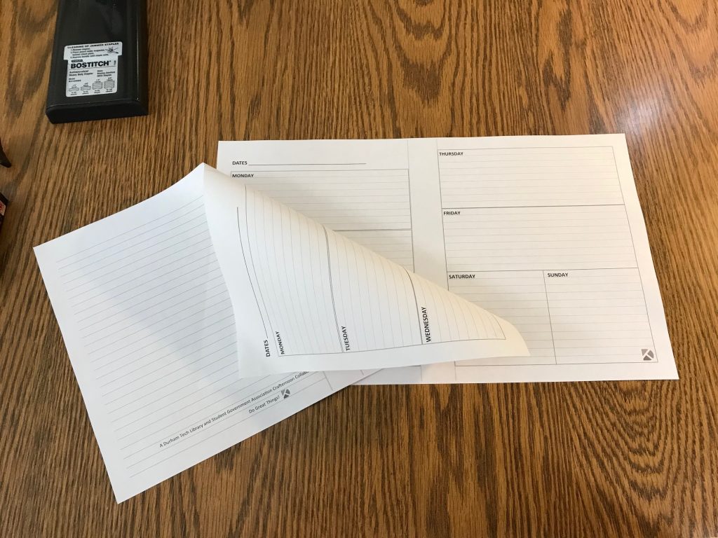 Agenda pages, including first page with notebook lines on one side and agenda template on the other