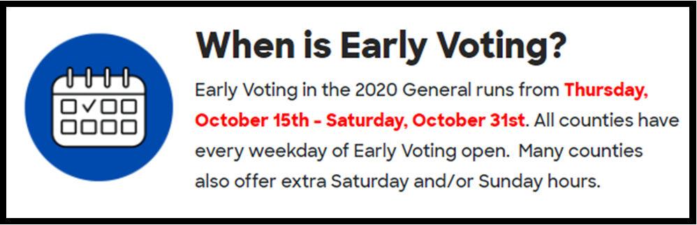 When is Early Voting [in NC]? Early Voting in the 2020 General runs from Thursday, October 15th to Saturday, October 31st. All counties have every weekday of Early Voting open. Many counties also offer extra Saturday and/or Sunday hours. 
