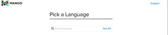 Mango Languages screen: Pick a Language search box