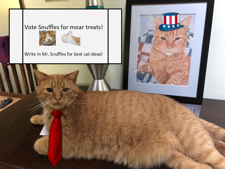Mr. Snuffles' campaign poster-- Vote Snuffles for moar treats. He is wearing a tie and has a very distinguished portrait behind him with an Uncle Sam hat to show his patriotic competence. 