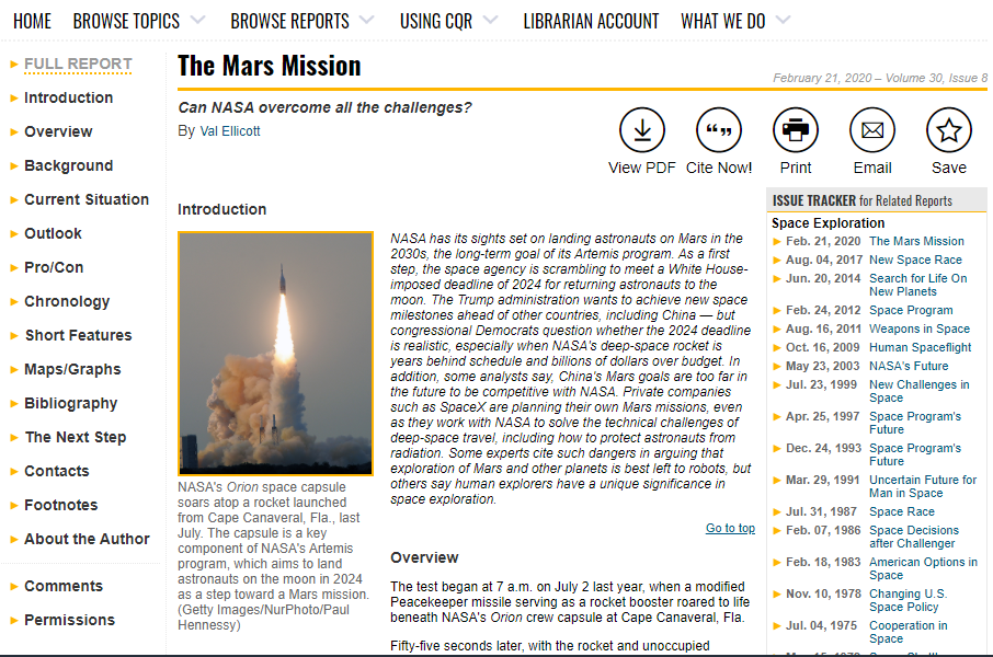 Screen shot of The Mars Mission CQ Researcher article from Feb. 21, 2020-- shows sections of article, question that the article will focus on ("Can NASA overcome all the challenges?"), Issue Tracker with all other space and Mars-related articles, and the intro paragraph