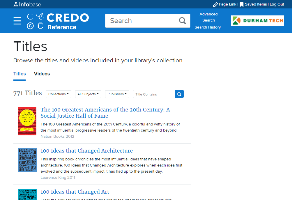 Title Display page in Credo Reference: Contains 771 Titles