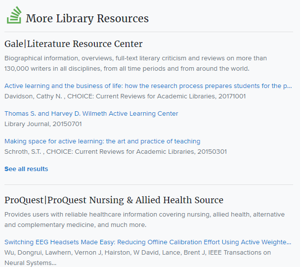 More Library Resources example-- Gale Literature Resource Center and articles; ProQuest Nursing & Allied Health Source and article