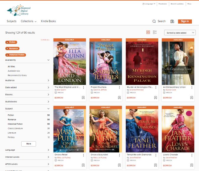 Dogwood Digital, Subject: Romance, Historical Fiction. Includes Ella Quinn, Sabrina Jeffries, Andrea Penrose, Alissa Cole, Mary Jo Putney, Jane Feather (among 96 titles in total under this classification)