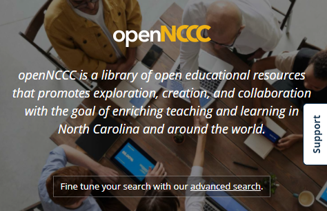 openNCCC is a library of open educational resources that promotes exploration, creation, and collaboration with the goal of enriching teaching and learning in North Carolina and around the world
