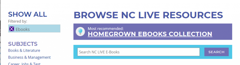 Screenshot of NC LIVE Ebooks page (a search bar and filtered by ebooks)