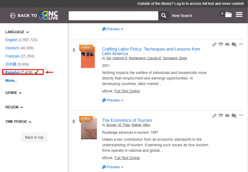 The results page of the NC LIVE ebooks search with limiter option Langauge, Español highlighted 
