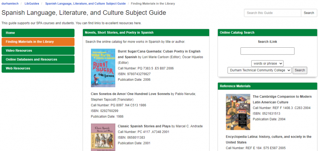 Spanish Language, Literature, and Culture Subject Guide screenshot, with Finding Resources in the Library subpage selected to show new resources on the page