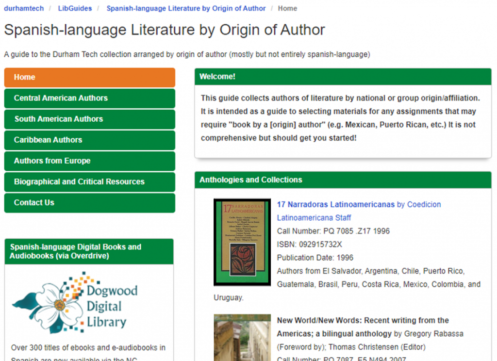 Spanish-Language Literature by Origin of Author LibGuide screenshot, including Anthologies and Collections and link to Dogwood Digital on landing page
