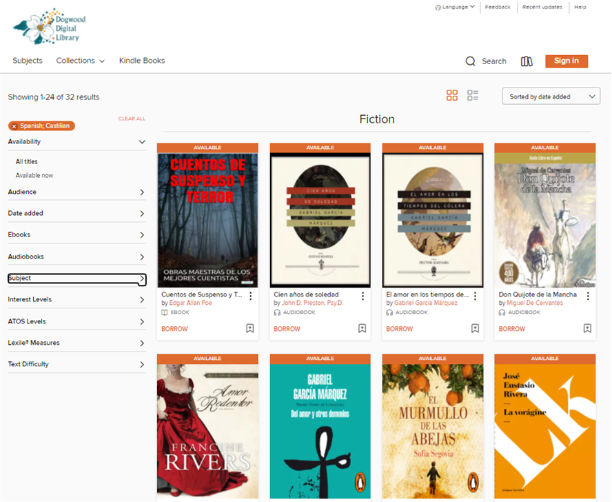 Results after selecting Spanish, Castilian language option on Fiction page