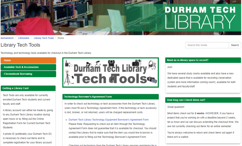 A screenshot of the Library Tech Tools landing page, including a logo with pictures of some of the tech tools, a link to the Technology Borrower's Agreement form, and answers to some potential frequently asked questions such as how to get a library card, does the library have space available to record, and how long can items be checked out. 