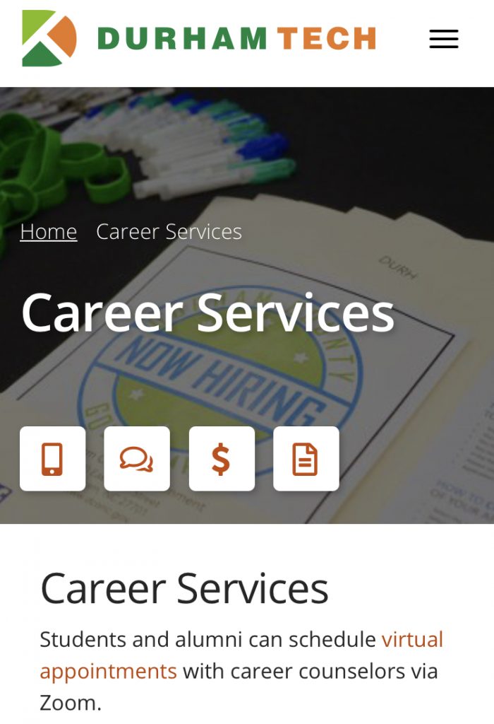 Durham Tech Career Services mobile homepage: Students and alumni can schedule virtual appointments with Career Counselors via Zoom.