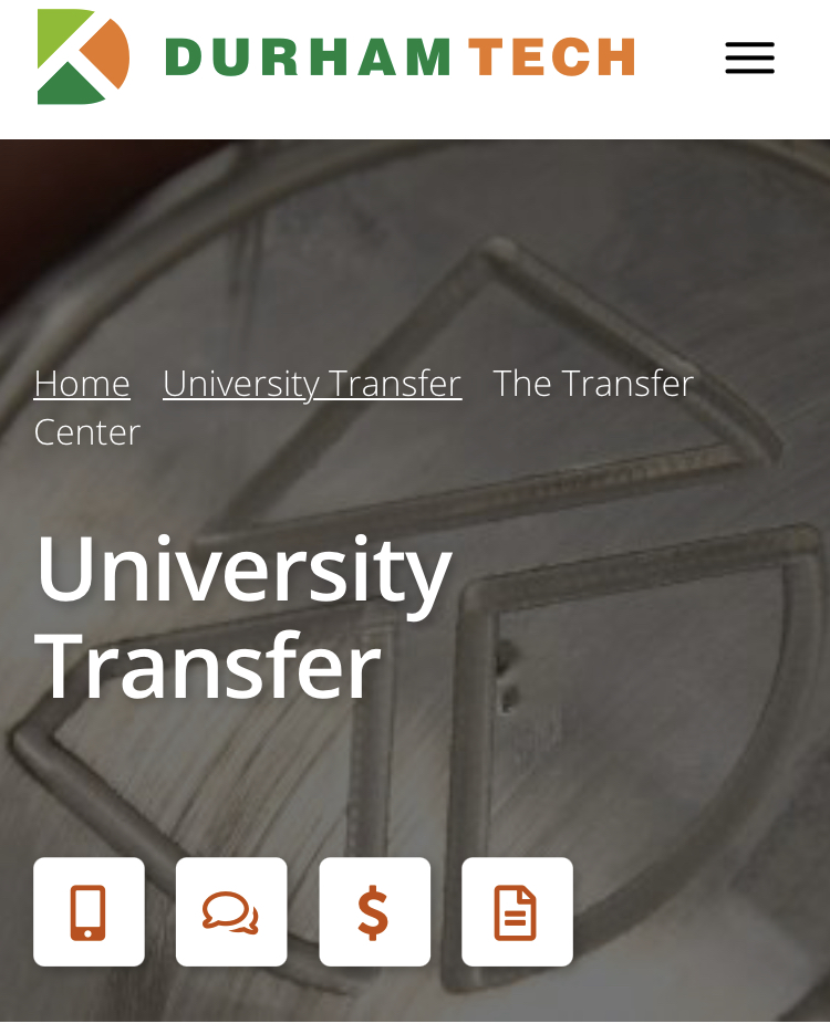 Durham Tech University Transfer/The Transfer Center mobile webpage