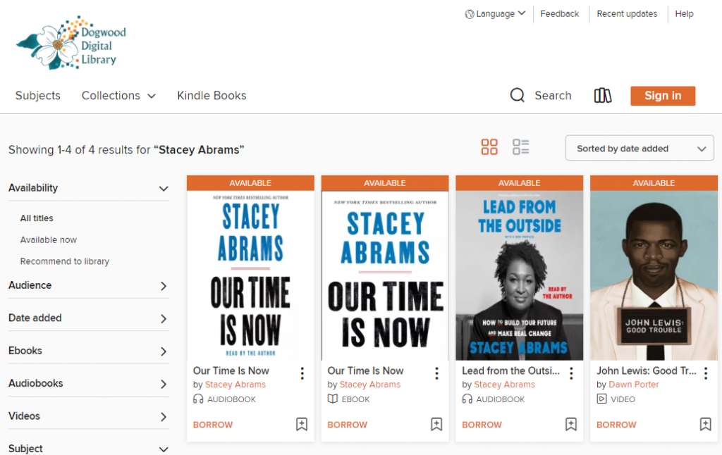 Dogwood Digital Library's Stacey Abrams books: Our Time Is Now (audiobook and ebook), Lead from the Outside, and John Lewis: Good Trouble video