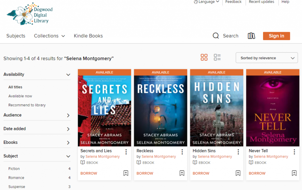 Dogwood Digital Library's Selena Montgomery books: Secrets & Lies, Reckless, Hidden Sins, and Never Tell