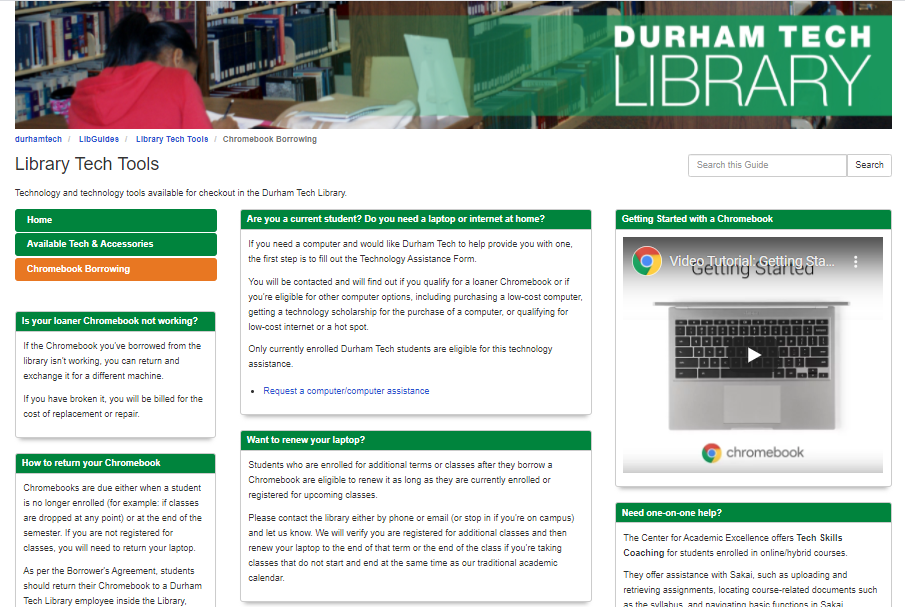 Library Tech Tools Chromebook Borrowing page including a link to the inquiry form, a link to how to get started, info about renewals and returns, and CAE computer help. 