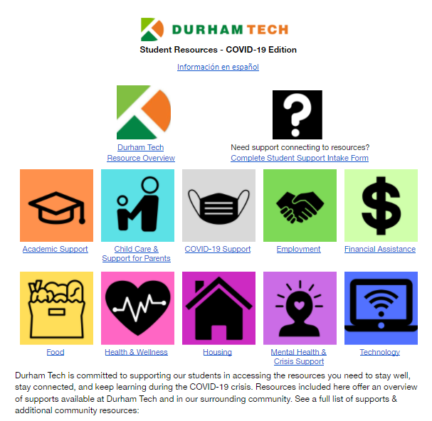Durham Tech Student Resources Document screenshot-- includes a link to the student support intake form, academic support, child care and support for parents, COVID-19 support, employment, financial assistance, food, health and wellness, housing, mental health and crisis support, technology