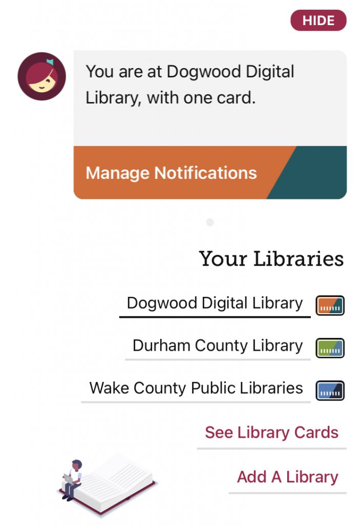 Libby App Libraries Tab, with Dogwood Digital added as a library