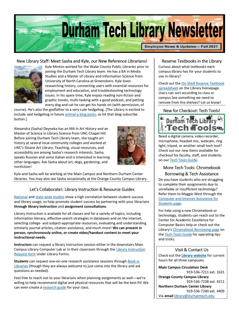 Durham Tech Library Newsletter- Employee News & Updates, Fall 2021