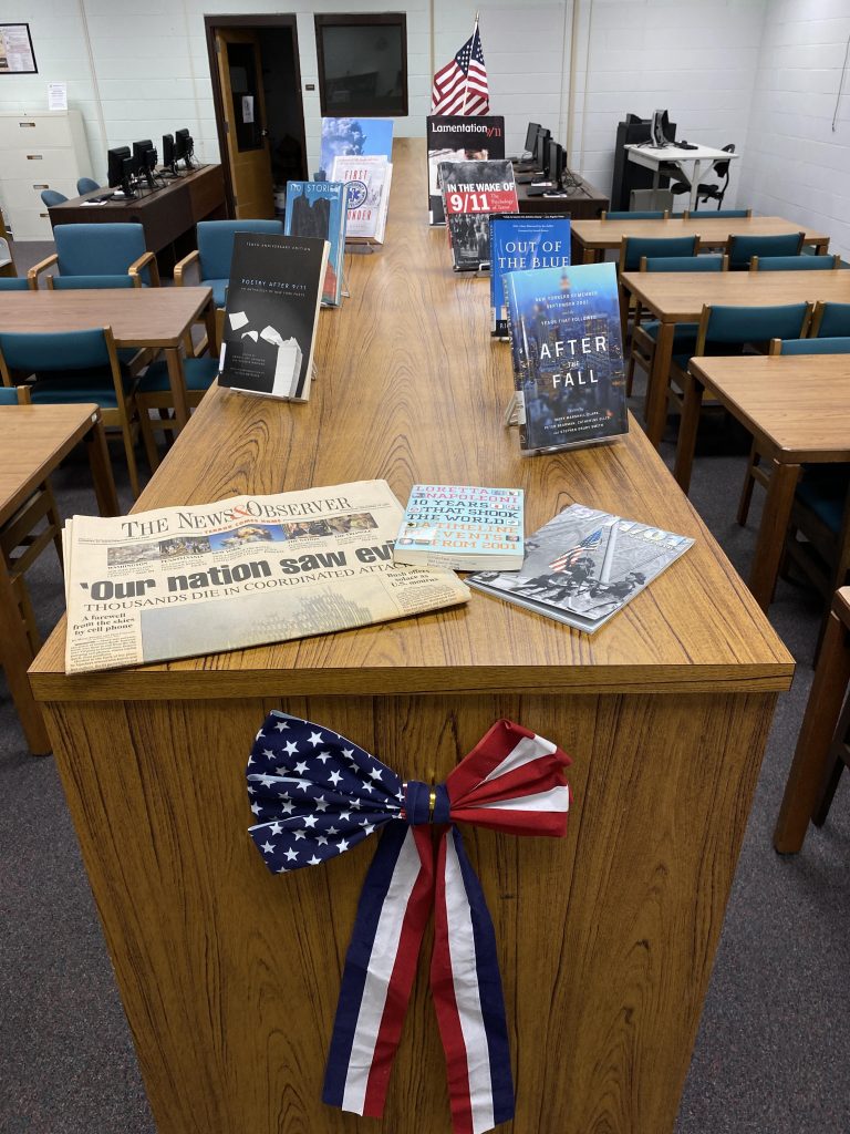 Book display at the Northern Durham Center related to 9/11
