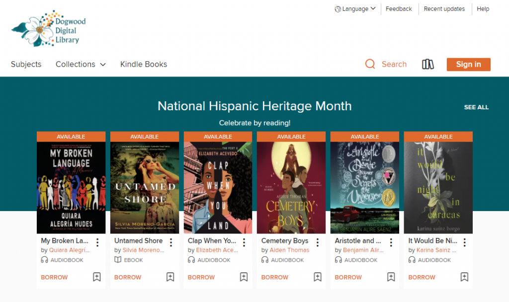 Dogwood Digital Library landing page with National Hispanic Heritage Month books on display, including fiction and memoir