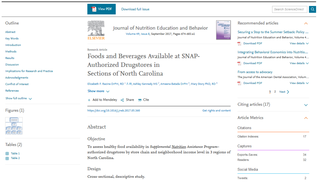 ScienceDirect page for "Foods and Beverages Available at SNAP-Authorized Drugstores in Sections of North Carolina"