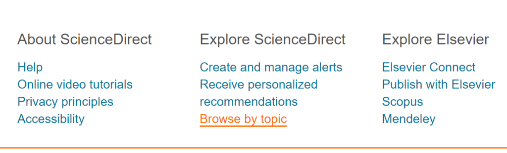 ScienceDirect bottom screen navigation links, including Browse by Topic beneath Explore Science Direct
