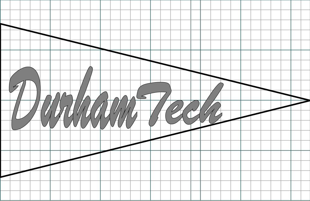 Durham Tech written in stylized letters on a template for a felt pennant