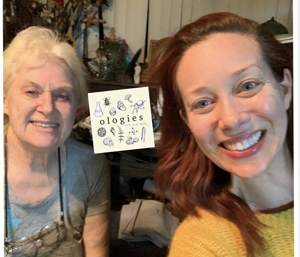 Alie Ward and Anne Copeland with ologies podcast logo
