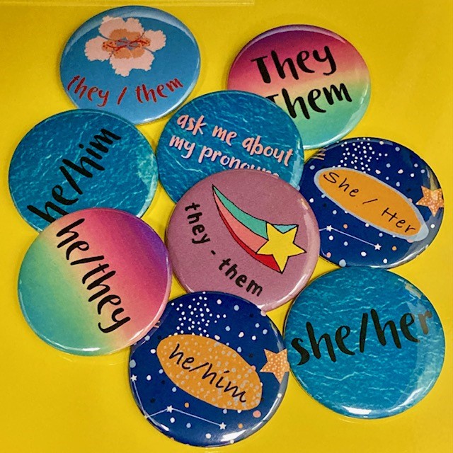 pronoun buttons: she/her, he/they, they/them, he/him, ask me about my pronouns