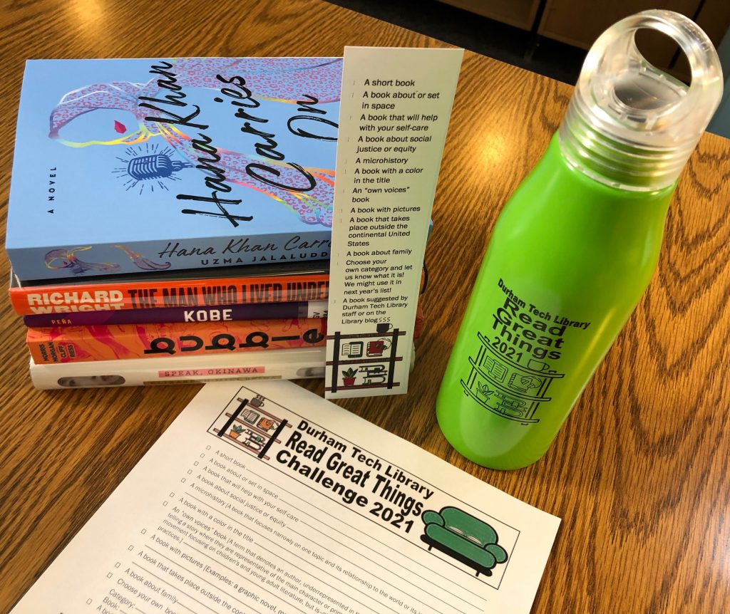 Read Great Things Challenge 2021 prize--a green metal water bottle--with the checklist and 5 books that fit into various categories
