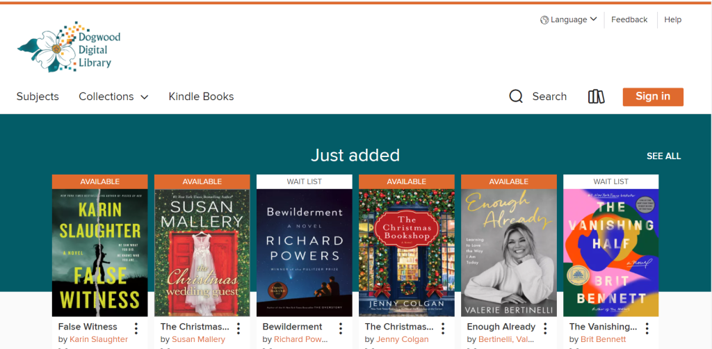 Dogwood Digital Library landing page Jan. 2022, displaying Just Added books