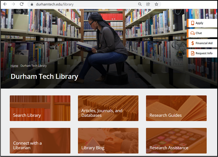 Durham Tech Library website screenshot with six orange navigation boxes, the top three are research/resource related