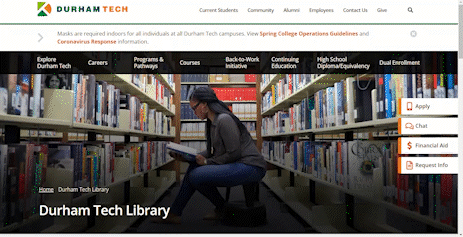Scrolling through the options on the Durham Tech Library website, including research, collections, hours, etc. 