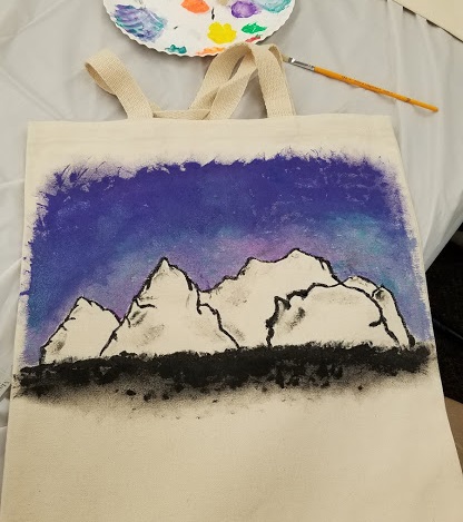 canvas tote bag with mountain scene painted on it; Durham Tech Crafternoon 2020