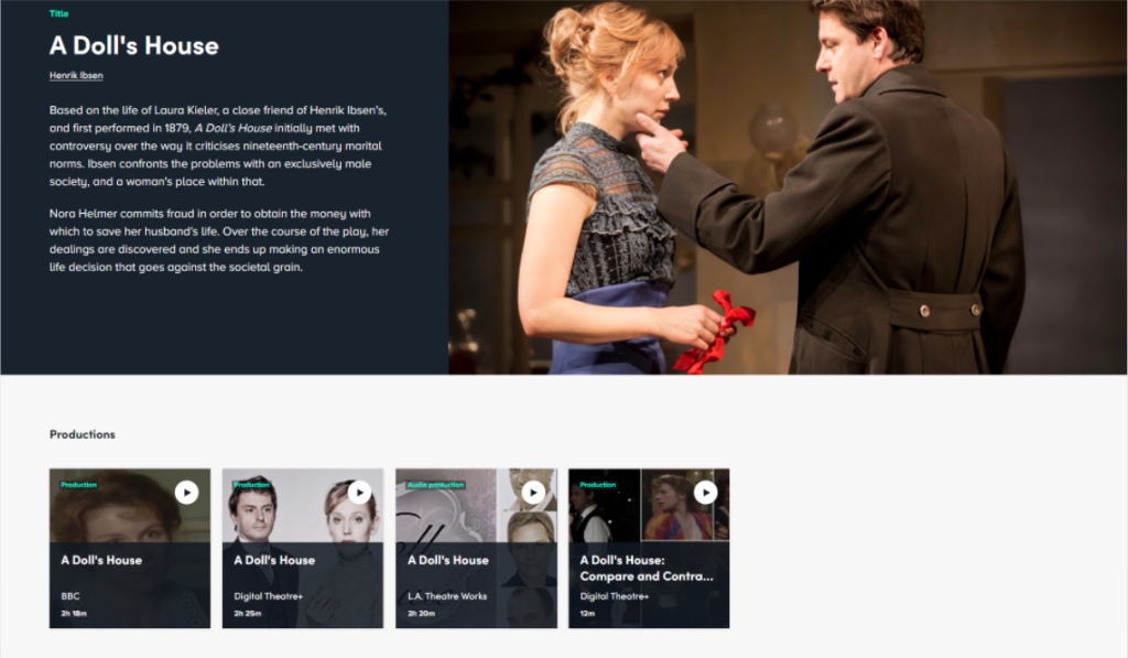 Screenshot of Digital Theater+'s page for "A Doll's House." An image of the play is featured where a man grasps her chin while looking at her.