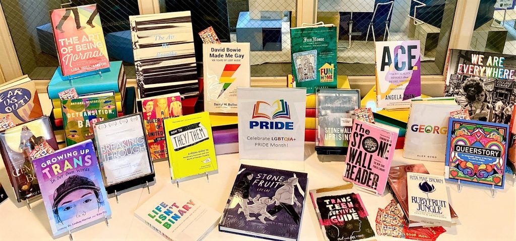 Pride library display at the Main Campus-- Check it out at the front of the Main Campus Library!